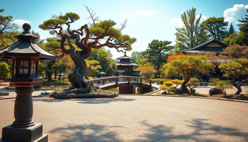 A serene Japanese garden, sun-dappled and tranquil, with a meticulously raked Zen sand garden at the center. In the foreground, a weathered stone lantern casts a soft, warm glow. Beyond it, a centuries-old bonsai tree, its branches twisted and gnarled, stands as a testament to the patient wisdom of Zen. In the middle ground, a simple wooden bridge arches over a koi-filled pond, its surface like a mirror reflecting the sky above. In the distance, a traditional pagoda roof peeks through the lush foliage, hinting at the spiritual sanctuary within. The overall atmosphere is one of profound stillness and contemplative focus, inviting the viewer to slow down and find their own inner peace.