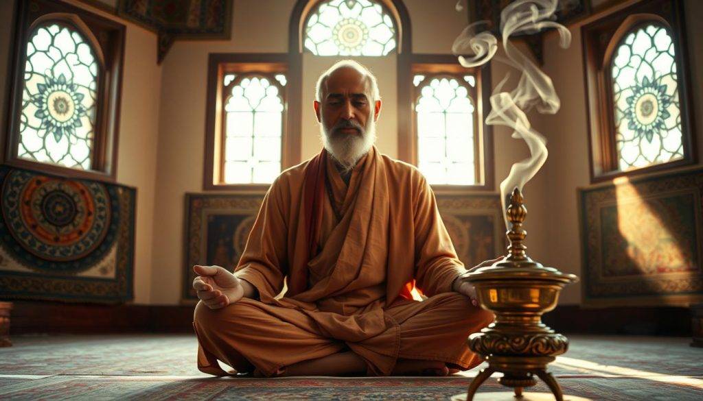 A serene Sanskrit scholar sits cross-legged in a sunlit meditation hall, their face radiating tranquility. Behind them, intricate mandalas and tapestries adorn the walls, symbols of the ancient traditions. Soft, diffused lighting filters through ornate windows, casting a warm, contemplative glow. In the foreground, a brass incense burner emits fragrant smoke, its wisps curling upwards in a graceful dance. The overall atmosphere evokes a sense of balance, harmony, and deep introspection - the very essence of equanimity in Sanskrit philosophy.