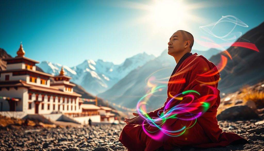 A serene Tibetan Buddhist monastery nestled in the Himalayan mountains, its white walls and colorful prayer flags illuminated by warm, golden sunlight. In the foreground, a Tibetan monk sits cross-legged, eyes closed, deep in a meditative "dream yoga" practice, his mind exploring the nature of consciousness. Surrounding him, wisps of colorful energy dance and swirl, representing the lucid dream state. In the background, snow-capped peaks rise against a clear, azure sky, conveying a sense of otherworldly tranquility. The scene is captured with a wide-angle lens, highlighting the grandeur of the setting and the profound focus of the practitioner.
