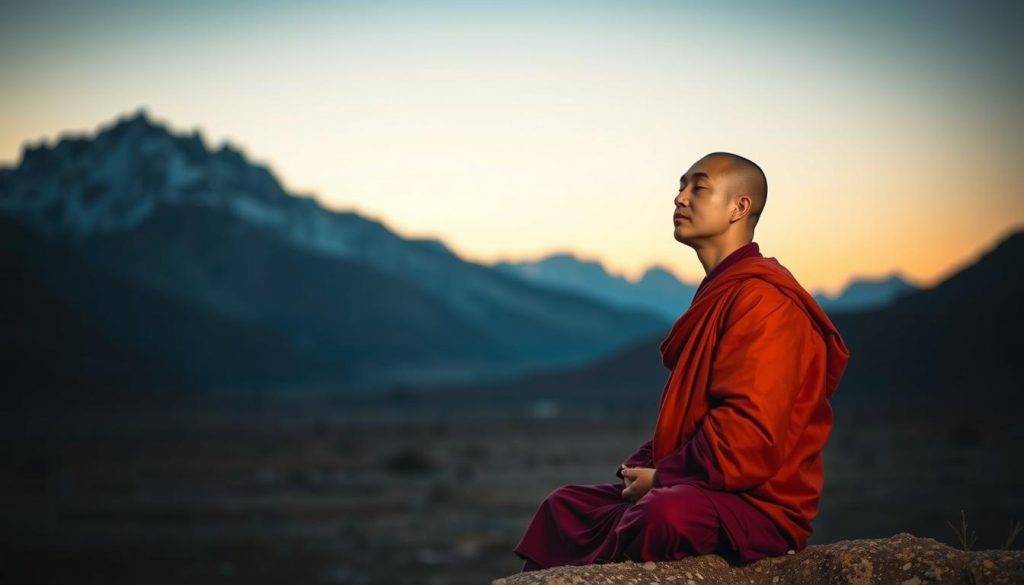 A serene Tibetan landscape at twilight, snow-capped mountains rising in the distance. In the foreground, a meditating monk in traditional robes, eyes closed, embodying the principles of Tibetan Dream Yoga - lucidity, mindfulness, and the integration of waking and dreaming states. Soft, diffused lighting illuminates the scene, creating an atmosphere of tranquility and spiritual introspection. The image conveys a sense of harmony between the physical and the ethereal, reflecting the core tenets of this ancient practice.