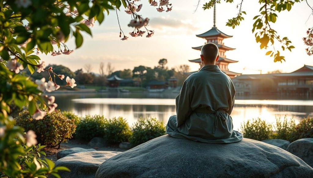 A serene Zen meditation scene in a tranquil Japanese garden. The foreground features a robe-clad figure sitting in lotus position on a smooth, flat rock, their face obscured in deep contemplation. Lush, verdant foliage frames the scene, with delicate cherry blossoms drifting in the soft breeze. In the middle ground, a still, reflective pond mirrors the sky above, its surface broken only by the occasional ripple. The background depicts a traditional pagoda-style temple, its elegant architecture bathed in golden-hour sunlight, creating a warm, inviting atmosphere. The overall composition conveys a sense of inner peace, balance, and mindfulness.