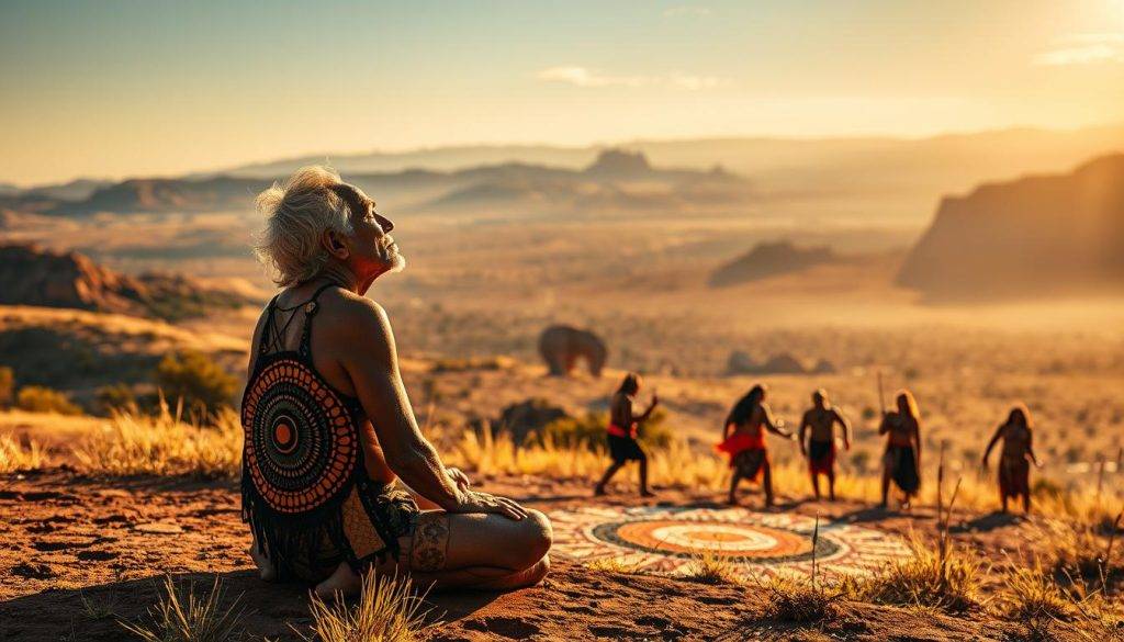 A serene aboriginal landscape, bathed in warm, golden light. In the foreground, a weathered elder sits cross-legged, gazing inward with eyes closed, embodying deep contemplation and inner wisdom. Surrounding them, a circle of vibrant, abstract symbols and patterns, representing the interconnected web of dreamtime beliefs. In the middle ground, a group of younger tribal members engage in a traditional dance, their movements fluid and graceful. In the distance, a vast, awe-inspiring landscape of rolling hills, ancient rock formations, and a shimmering, otherworldly sky. An atmosphere of timelessness, spirituality, and a profound connection to the land permeates the scene.