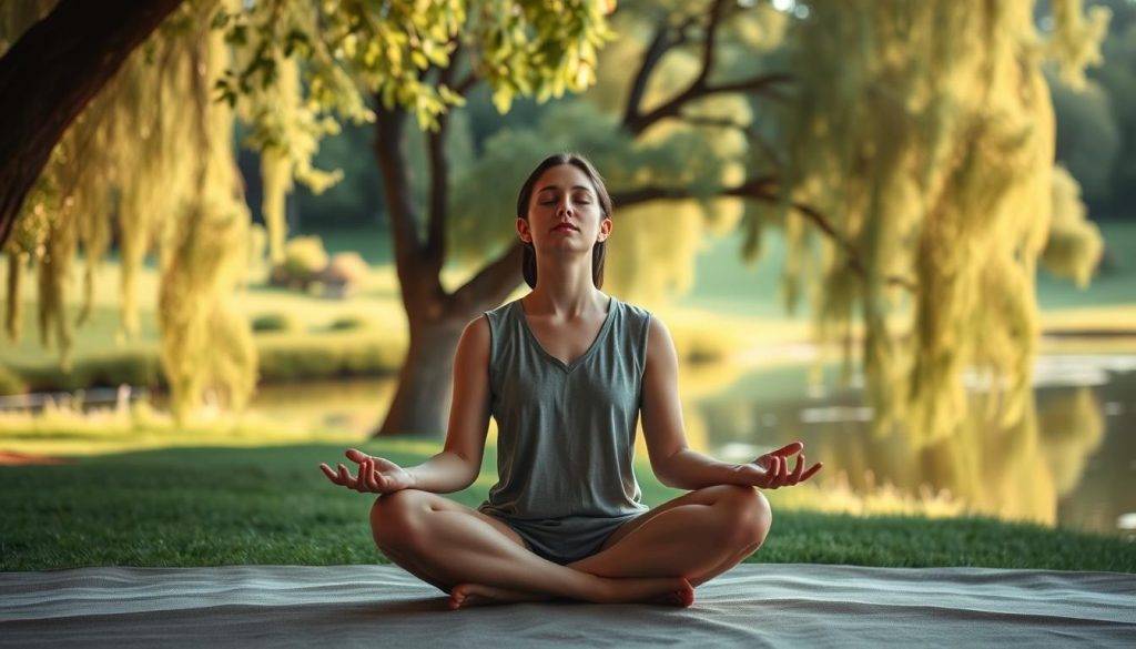 A serene and calming scene depicting ventral vagal activation. In the foreground, a person sits cross-legged, their eyes closed and expression serene, embodying a state of deep relaxation and inner peace. The middle ground features a lush, verdant landscape with gently swaying trees and a tranquil pond, reflecting the calm energy. The background is bathed in soft, warm lighting, creating a cozy and comforting atmosphere. The overall composition conveys a sense of harmony, balance, and the parasympathetic nervous system's activation, which is central to the Polyvagal Theory and its practical applications.