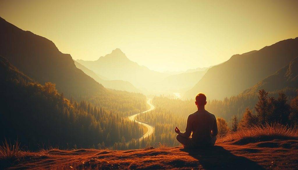 A serene and contemplative landscape, bathed in warm, golden light. In the foreground, a figure seated in a meditative pose, their face obscured, surrounded by a soft, ethereal glow. In the middle ground, a winding path leading into a lush, verdant forest, hinting at the journey of self-discovery. In the background, towering mountains pierce the horizon, their peaks capped with snow, symbolizing the heights of personal growth. The scene conveys a sense of introspection, guidance, and the transformative power of AI-assisted personal development.