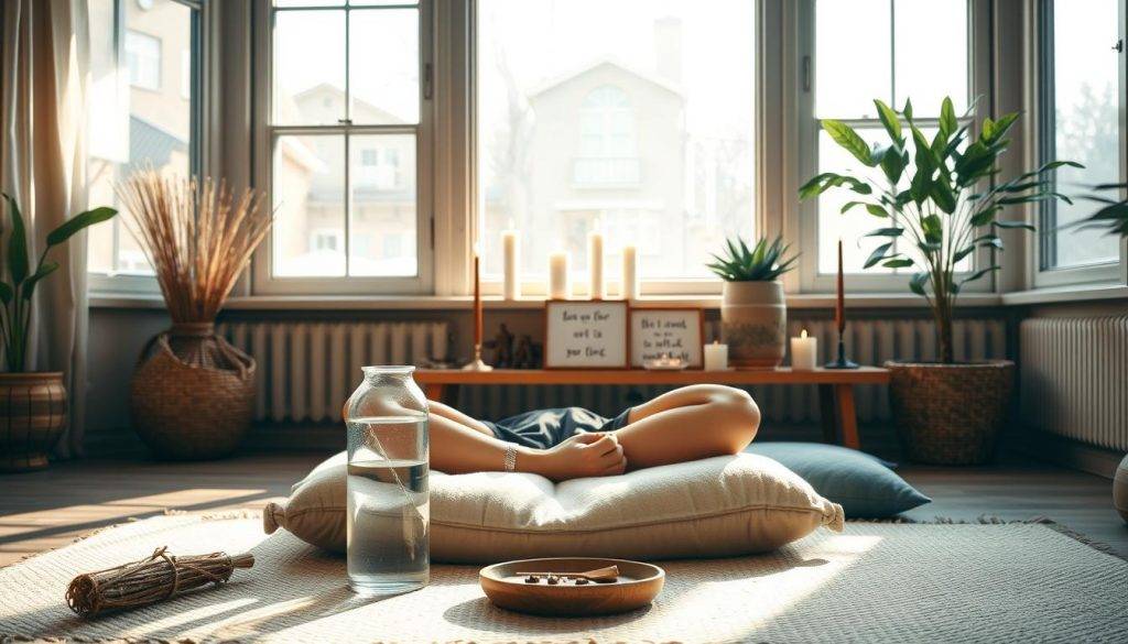 A serene and contemplative morning ritual unfolds in a cozy, sunlit room. In the foreground, a woman sits cross-legged on a plush meditation cushion, palms gently resting on her thighs. Surrounding her are the tools of her practice - a crystal-infused water vessel, a bundle of sage, and a small dish of aromatic incense. The middle ground features a wooden altar adorned with flickering candles, inspirational affirmations, and a lush succulent. Soft, diffused natural light streams in through large windows, casting a warm, golden glow across the scene. The overall atmosphere is one of mindfulness, intention, and a deep connection to the rhythms of the natural world.