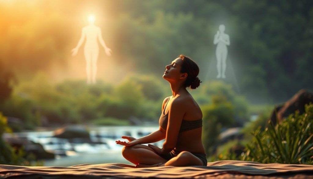 A serene and contemplative scene of guided integration support. In the foreground, a person sits cross-legged, eyes closed, engaged in deep introspection. Soft, warm lighting illuminates their tranquil expression, suggesting a state of inner calm and connection. The middle ground features a soothing natural environment, with lush greenery and a flowing stream or river, conveying a sense of harmony and restoration. In the background, subtle, ethereal figures or symbols emerge, hinting at the presence of spiritual guidance or higher consciousness. The overall atmosphere is one of mindfulness, clarity, and the integration of profound insights and experiences.