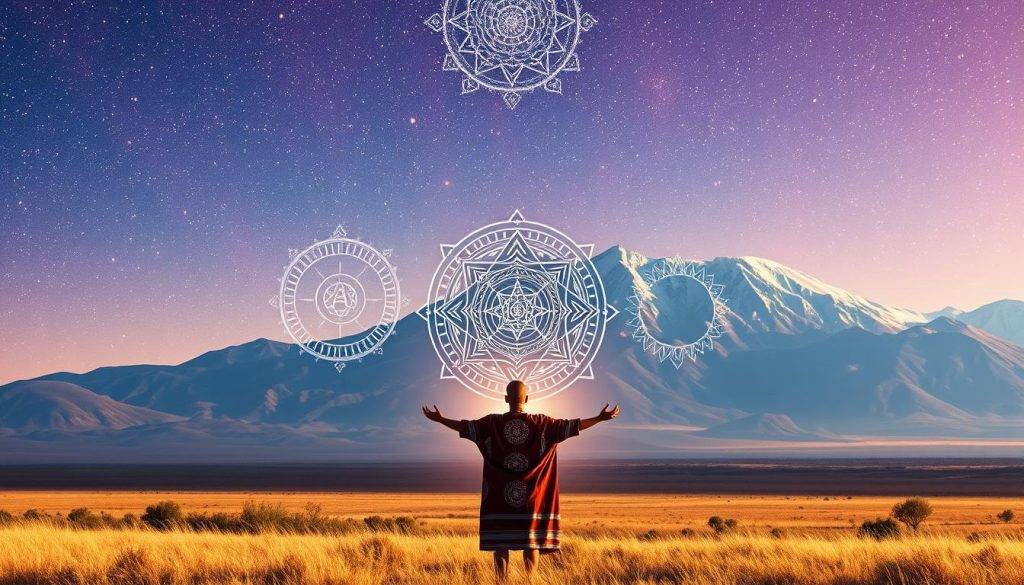 A serene and dreamlike landscape, with a vibrant sky dotted with shimmering stars. In the foreground, a figure in a traditional Aboriginal robe stands in a meditative pose, their arms outstretched, radiating a powerful energy. In the middle ground, intricate geometric patterns and symbols float in the air, representing the principles of the Law of Attraction. In the background, a majestic mountain range emerges, its peaks capped with snow, symbolizing the grandeur and timelessness of the Aboriginal Dreamtime wisdom. The lighting is soft and warm, creating a calming, introspective atmosphere, inviting the viewer to connect with the ancient teachings and unlock the secrets of modern manifestation.