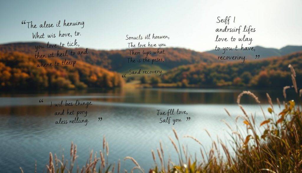 A serene and empowering landscape, bathed in soft, warm lighting. In the foreground, delicate handwritten affirmations float gracefully, conveying messages of self-love, resilience, and recovery. The middle ground features a tranquil lake, its still waters reflecting the affirmations above. In the background, a gentle rolling hillside is adorned with lush, vibrant foliage, creating a sense of harmony and natural beauty. The overall atmosphere is one of calmness, introspection, and the transformative power of positive self-reflection. Captured with a wide-angle lens to encompass the expansive, picturesque scene.