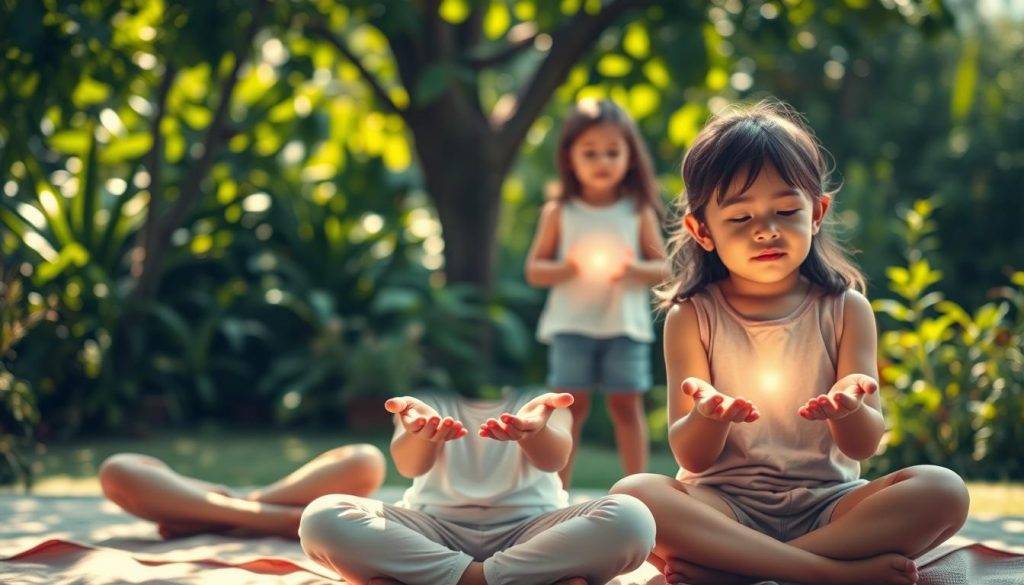 A serene and enchanting scene of children engaged in energy healing practices. In the foreground, two young children sit cross-legged, their hands gently cupped, emitting a soft, glowing energy. Their expressions are calm and focused, as they learn to channel and direct this innate life force. In the middle ground, a third child stands with palms outstretched, eyes closed, feeling the flow of energy around them. The background depicts a lush, verdant garden, with sunlight filtering through the leaves, creating a warm, soothing atmosphere. The lighting is soft and diffused, conveying a sense of tranquility and wonder. A sense of connection, harmony, and the unlocking of inner potential permeates the scene.