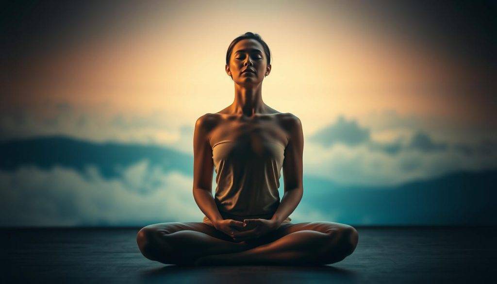 A serene and focused individual sitting cross-legged in a dimly lit, meditative environment. Soft, warm lighting illuminates their face, creating a contemplative atmosphere. In the background, a blurred, ethereal landscape with subtle natural elements like clouds or mist, suggesting a sense of transcendence. The subject's eyes are closed, their expression calm and intent, radiating a powerful sense of inner concentration and purpose. The overall composition conveys a sense of inner peace, clarity, and the transformative potential of the "focused intention" technique.