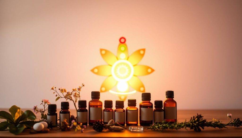 A serene and harmonious scene depicting the seven major chakra energy centers, each represented by its corresponding color and elemental symbol. The chakras are arranged in a circular formation, radiating outward with a soft, glowing aura. In the foreground, an array of essential oil bottles and botanicals are carefully positioned, their aromas mingling in the tranquil atmosphere. Warm, diffused lighting casts a meditative glow, creating a sense of balance and inner peace. The composition is photographed from a slightly elevated angle, allowing the viewer to fully immerse themselves in this calming and restorative visual experience.