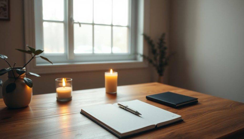 A serene and inviting workspace for a daily gratitude practice. A wooden desktop with a journal, pen, and a single lit candle, illuminating the scene with a warm, cozy glow. Soft, diffused natural light filters in through a large window, casting gentle shadows and highlights across the scene. The background is a neutral, minimalist wall, allowing the focus to remain on the central objects. An atmosphere of tranquility and introspection pervades the space, encouraging mindfulness and appreciation.