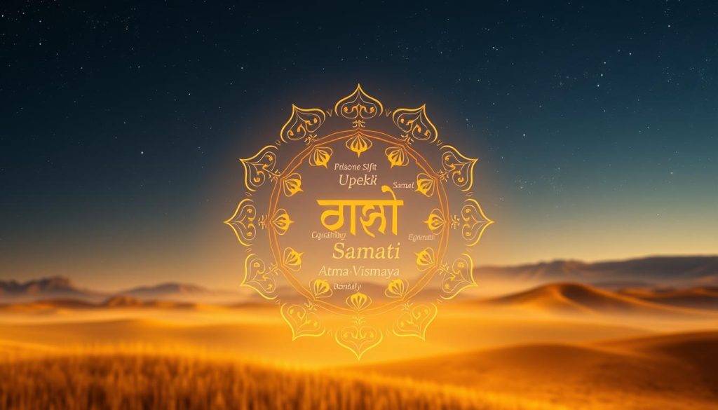 A serene and meditative composition depicting the core Sanskrit terms associated with the concept of equanimity. In the foreground, a glowing mandala-like symbol composed of ancient Sanskrit script, radiating a tranquil energy. In the middle ground, a collection of Sanskrit words and phrases related to equanimity, such as "Upekṣā," "Samatā," and "Ātma-Vismaya," floating in a mist-like atmosphere. The background features a softly blurred, dreamlike landscape of rolling hills and a clear, starry sky, creating a sense of timelessness and boundless perspective. The overall image is suffused with a warm, amber-toned lighting, conveying a feeling of inner calm and contemplation.