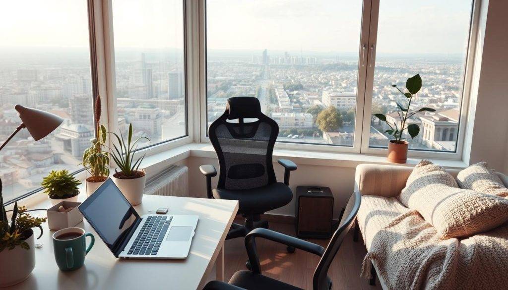 A serene and organized digital nomad's workspace, bathed in soft, natural lighting filtering through large windows. A minimalist desk with a sleek laptop, a carefully curated selection of plants, and a mug of steaming coffee. In the middle ground, a comfortable ergonomic chair and a cozy reading nook with a plush throw blanket. The background features a panoramic view of a bustling cityscape or a tranquil countryside, conveying a sense of balance between work and leisure. The overall atmosphere is one of productivity, mindfulness, and a harmonious integration of work and life.