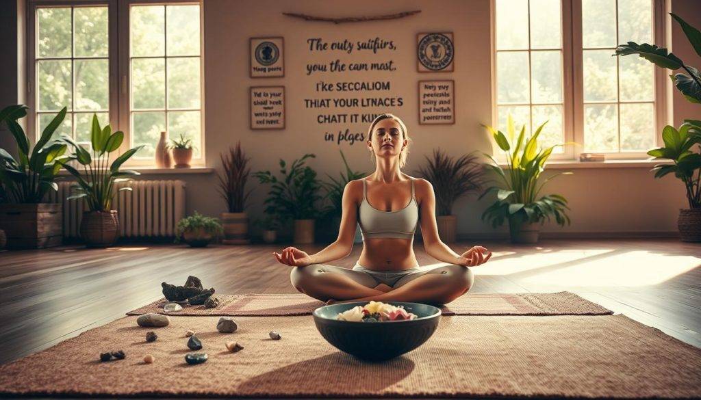A serene and peaceful yoga studio, bathed in warm, natural light filtering through large windows. In the foreground, a yogi sits cross-legged on a plush, earthy-toned mat, their eyes closed in deep contemplation as they set their intention for the practice. Scattered around them, an array of crystals, incense, and a small bowl of water infused with fresh flowers, creating a sense of tranquility and focus. In the middle ground, a wall adorned with inspirational phrases and symbolic imagery, guiding the practitioner's mindset. The background features lush, verdant plants and soft, muted colors, cultivating an atmosphere of mindfulness and introspection.