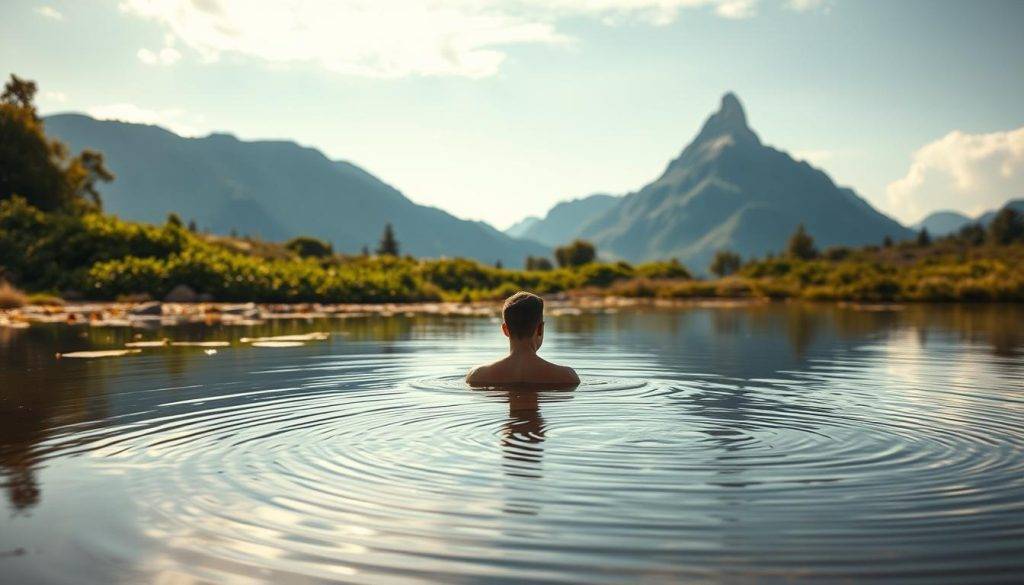 A serene and reflective landscape showcasing the benefits of AI self-discovery. In the foreground, a tranquil pond reflects the sky above, its surface rippling gently. Floating on the water, a human figure gazes inward, lost in contemplation. The middle ground features lush, verdant vegetation, hinting at personal growth and transformation. In the background, a majestic mountain range stands tall, symbolic of the personal heights one can reach through AI-guided self-reflection. Soft, warm lighting bathes the scene, creating a sense of introspection and inner peace. The overall mood is one of calm, clarity, and the profound personal insights that can be gained through the AI-powered journey of self-discovery.