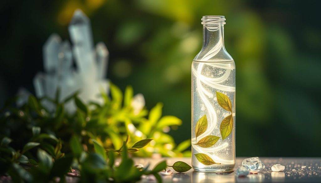 A serene and tranquil scene of a crystal elixir in a glass bottle, with swirling ethereal energy emanating from within. The bottle is bathed in soft, diffuse lighting, casting a warm glow on the surrounding environment. In the foreground, delicate leaves and petals are suspended in the elixir, creating a sense of healing and rejuvenation. The middle ground features a lush, verdant backdrop, with crystalline formations and shimmering minerals accentuating the natural, restorative properties of the elixir. The overall atmosphere is one of harmony, balance, and the restorative power of the elements, inviting the viewer to experience the transformative effects of this crystal-infused creation.
