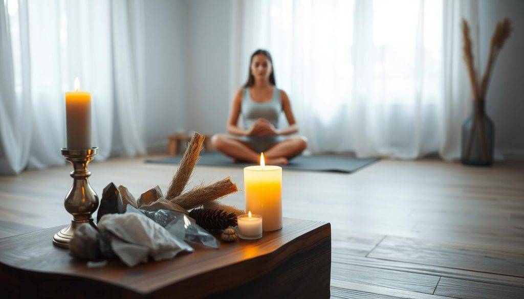 A serene and tranquil scene of a ritual space for intention-setting. In the foreground, a wooden altar adorned with crystals, candles, and a sage bundle, casting a warm, golden glow. In the middle ground, a person seated in a meditative pose, hands resting gently on their lap, eyes closed in deep contemplation. The background features a minimalist, calming environment with soft, natural lighting filtering through sheer curtains, creating a sense of peace and introspection. The overall atmosphere is one of mindfulness, clarity, and a reverent connection to the cyclical rhythms of the moon.