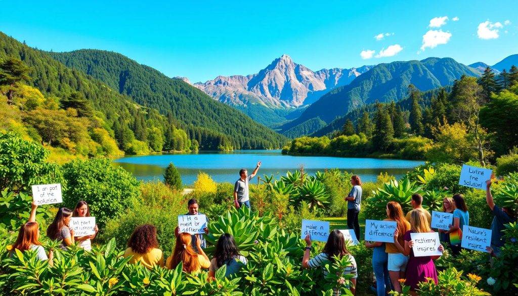 A serene and vibrant landscape showcasing the beauty of nature, with lush green foliage, a tranquil lake, and a clear blue sky. In the foreground, a group of diverse people, each holding a sign with a positive affirmation related to environmental care, such as "I am part of the solution," "My actions make a difference," and "Nature's resilience inspires me." The middle ground features a diverse array of flora and fauna, representing the interconnectedness of all living beings. In the background, a breathtaking mountain range, bathed in the warm glow of the sun, symbolizing the grandeur and power of the natural world. The overall scene conveys a sense of harmony, optimism, and a deep appreciation for the environment, inviting the viewer to embrace a mindset of environmental stewardship and resilience.
