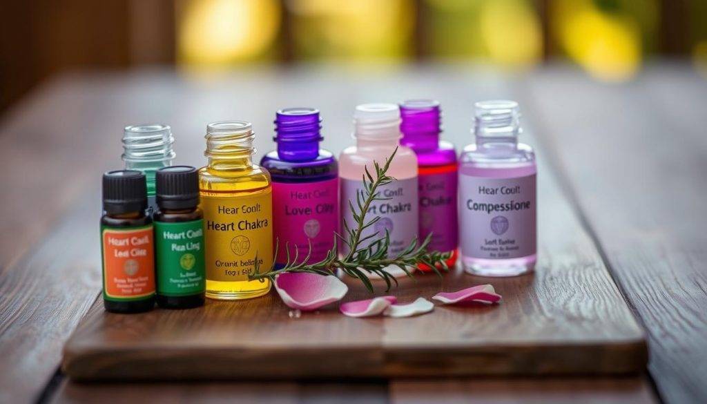 A serene close-up shot of an arrangement of heart chakra essential oils on a wooden surface. In the foreground, a collection of glass bottles filled with vibrant green, pink, and soft purple oils, each labeled with their corresponding properties - love, compassion, and healing. The middle ground features a delicate sprig of fresh rosemary and a scattering of rose petals, symbolizing the nurturing and rejuvenating nature of the heart chakra. The background is softly blurred, allowing the essential oils to take center stage, bathed in warm, natural lighting that casts gentle shadows and highlights the organic textures. The overall mood is one of tranquility, self-care, and inner balance.
