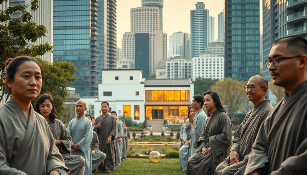 A serene community of contemporary monastics thrives amidst the modern cityscape. In the foreground, a group of individuals in simple, flowing robes engage in contemplative practices, their faces radiating an inner peace. The middle ground reveals a harmonious blend of traditional monastic architecture and sleek, minimalist design, complementing the urban landscape beyond. Warm, diffused lighting casts a spiritual glow, while the camera's angle captures the juxtaposition of timeless wisdom and progressive living. This vision of modern monasticism embodies the timeless principles of contemplation, community, and service, integrated seamlessly into the vibrant fabric of today's world.