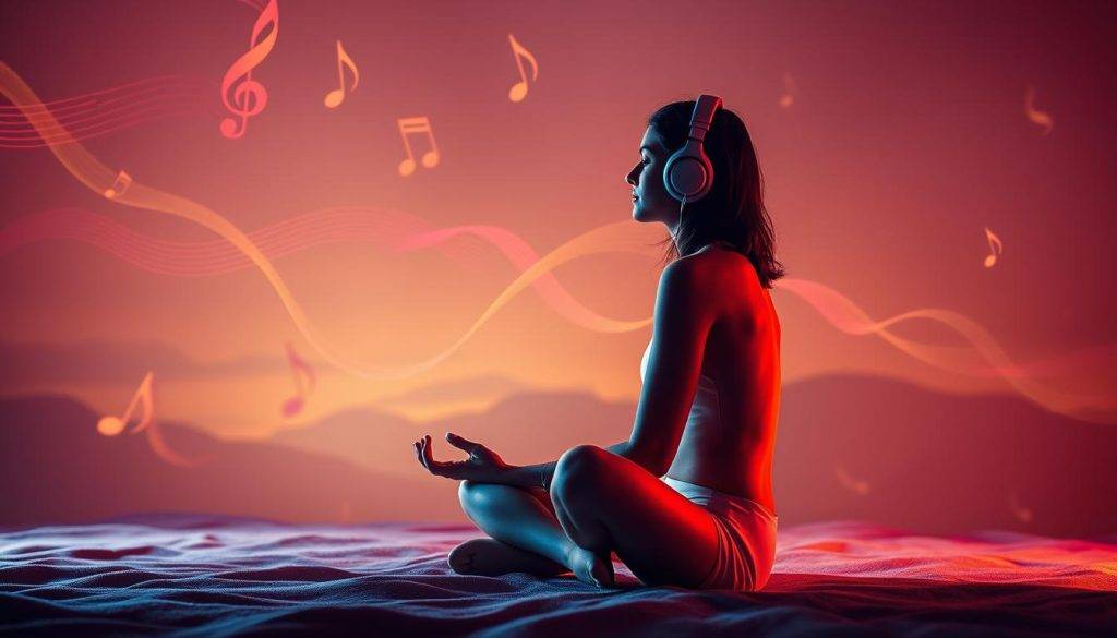 A serene, contemplative figure sits cross-legged, headphones on, immersed in deep thought. The background features a surreal, dreamlike landscape with floating musical notes, flowing ribbons of color, and a warm, diffused lighting that bathes the scene in a meditative glow. The composition emphasizes the connection between music, mindset, and the act of manifestation, creating a sense of tranquility and introspection.