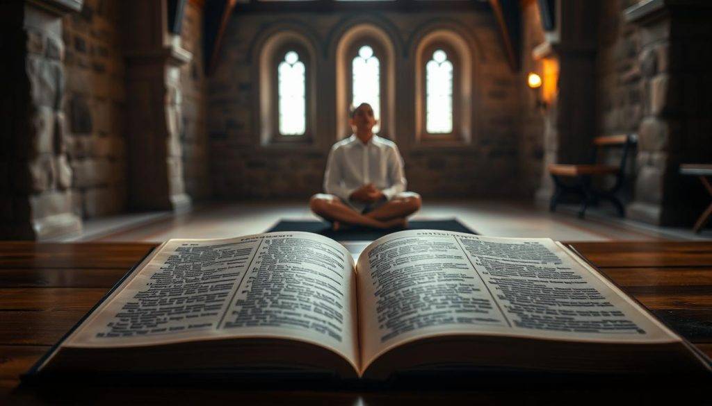 A serene, contemplative scene depicting the steps of lectio divina. In the foreground, an open book with ornate, illuminated lettering rests on a wooden table, bathed in soft, warm lighting. In the middle ground, a figure sits cross-legged, eyes closed, deeply immersed in prayerful meditation. The background features a tranquil, monastic setting - stone walls, arched windows, and a single candle flickering, casting a gentle glow. The overall atmosphere evokes a sense of sacred stillness, inviting the viewer to join in the spiritual discipline of lectio divina.