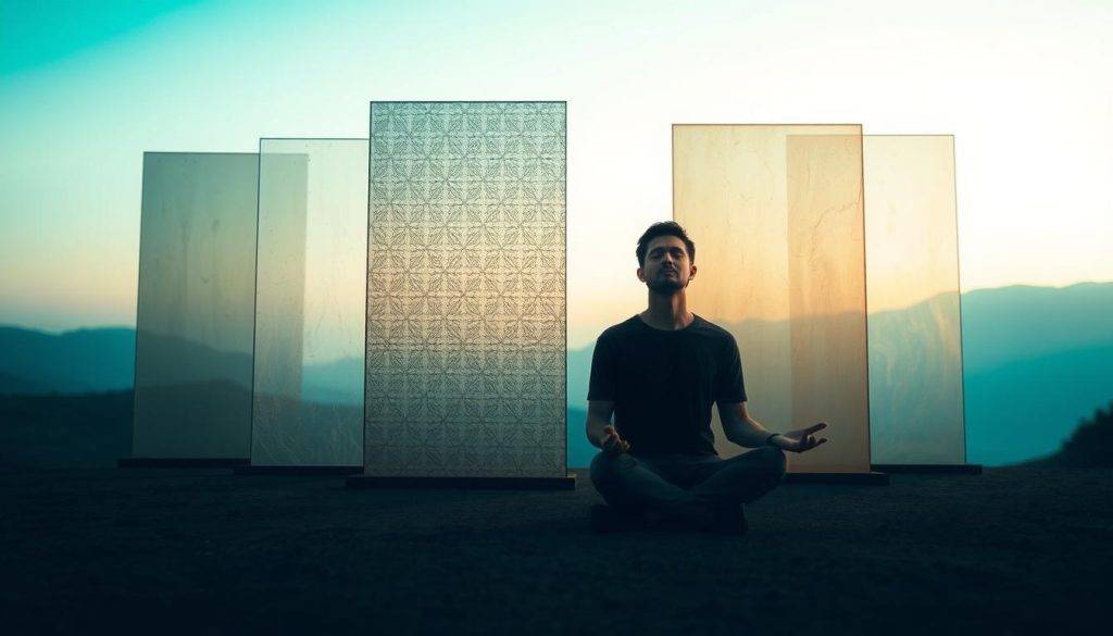 A serene, contemplative scene of a person navigating emotional barriers. The foreground depicts a figure sitting cross-legged, eyes closed, hands in a meditative pose. The middle ground showcases abstract, transparent walls of varying colors and textures, symbolizing the psychological obstacles. The background features a calming, ethereal landscape with soft lighting, hinting at the possibility of overcoming these barriers. The overall atmosphere conveys a sense of introspection, inner peace, and the journey towards personal growth. Captured with a wide-angle lens, the composition draws the viewer into the scene, inviting them to reflect on their own emotional challenges.