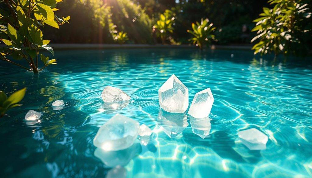 A serene crystal-clear pool nestled in a tranquil garden, sunlight gently dancing on the surface, casting a warm, ethereal glow. Quartz crystals of various sizes and shapes float weightlessly within the water, radiating an iridescent energy. Lush, verdant foliage surrounds the pool, creating a natural, healing oasis. The scene exudes a sense of calm and rejuvenation, inviting the viewer to immerse themselves in the soothing, transformative power of the crystal-infused waters.