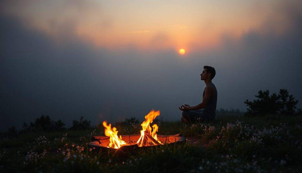 A serene dawn landscape with a solitary figure seated in meditation, surrounded by the elements of nature - a crackling campfire, crystalized dew on verdant grass, the first golden rays of sunlight filtering through the mist. The figure's posture is upright and focused, their gaze inward, emanating a sense of deep inner alignment. The overall atmosphere is one of tranquility, harmony, and a sacred connection between the individual and the rhythms of the natural world.