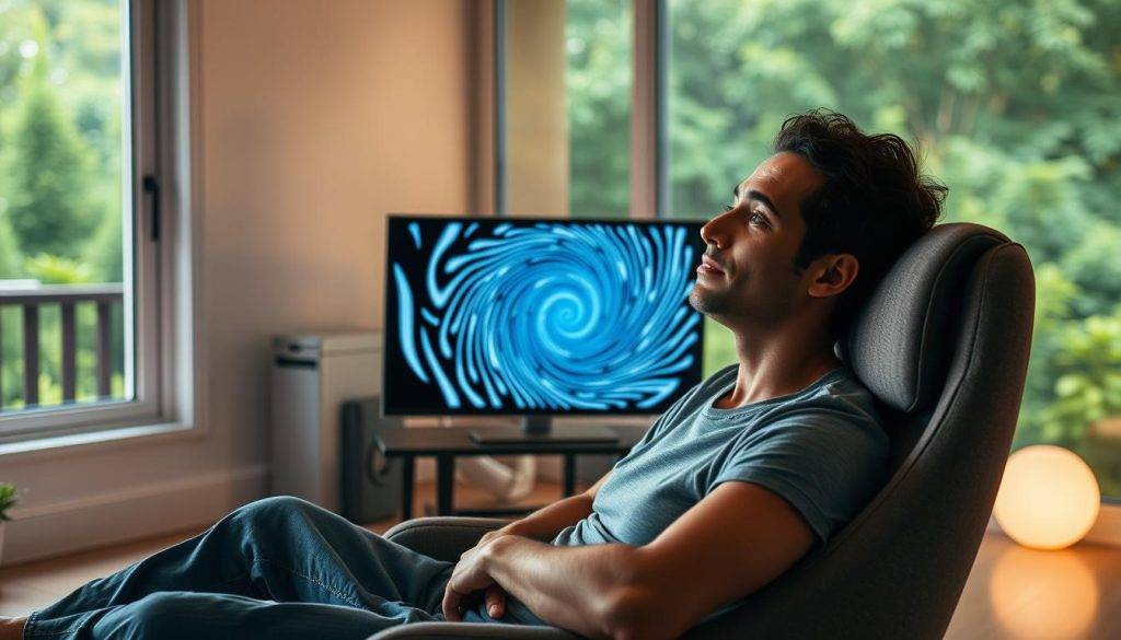 A serene digital nomad sitting in a comfortable chair, their gaze fixed on a hypnotic swirling pattern projected onto a nearby screen. The lighting is soft and ambient, creating a calming atmosphere. The background features a minimalist, distraction-free workspace, with a large window overlooking a lush, natural landscape. The subject's expression is one of deep relaxation, their mind drifting away from the stresses of remote work. The image conveys a sense of tranquility and the power of hypnosis to alleviate the burnout experienced by digital nomads.