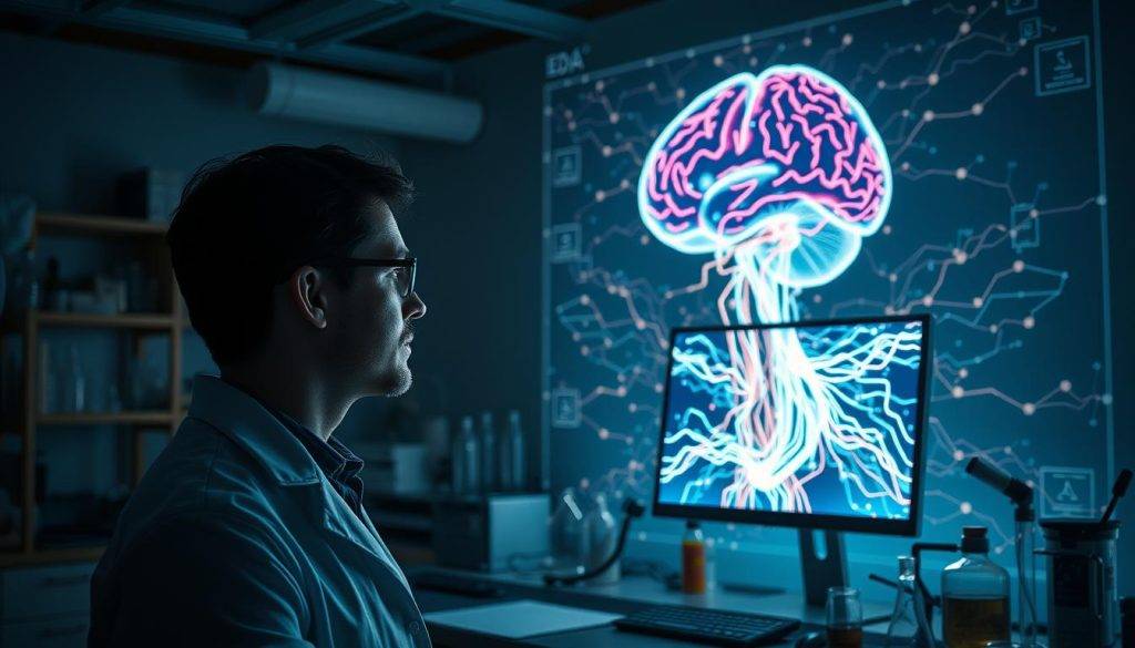 A serene, dimly lit laboratory setting with a central workbench showcasing various scientific instruments and glassware. In the foreground, a scientist gazes intently at a computer monitor, visualizing complex data patterns and neural pathways. The background features a large, holographic display projecting a vibrant visualization of the brain's emotional circuits, illustrating the intricate neurological mechanisms behind emotional transformation. Soft, diffused lighting casts a thoughtful, contemplative atmosphere, reflecting the deep understanding of the science behind the Affirmnosis technique.