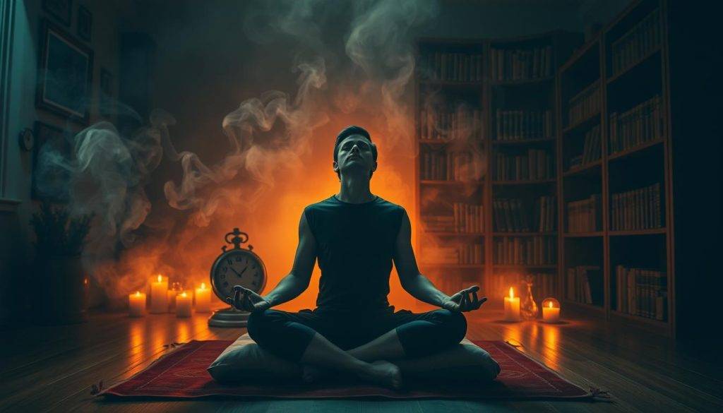 A serene, dimly lit meditation room with soft, warm lighting. In the foreground, a person sitting cross-legged on a cushion, eyes closed, deeply immersed in a state of hypnosis. Wisps of ethereal smoke drift around them, creating a hazy, dreamlike atmosphere. The middle ground features a large, ornate antique pocket watch, its pendulum swinging hypnotically. In the background, a bookshelf filled with esoteric texts on mindfulness and relaxation techniques. The overall mood is one of tranquility, focus, and the power of the subconscious mind to alleviate stress and promote well-being.