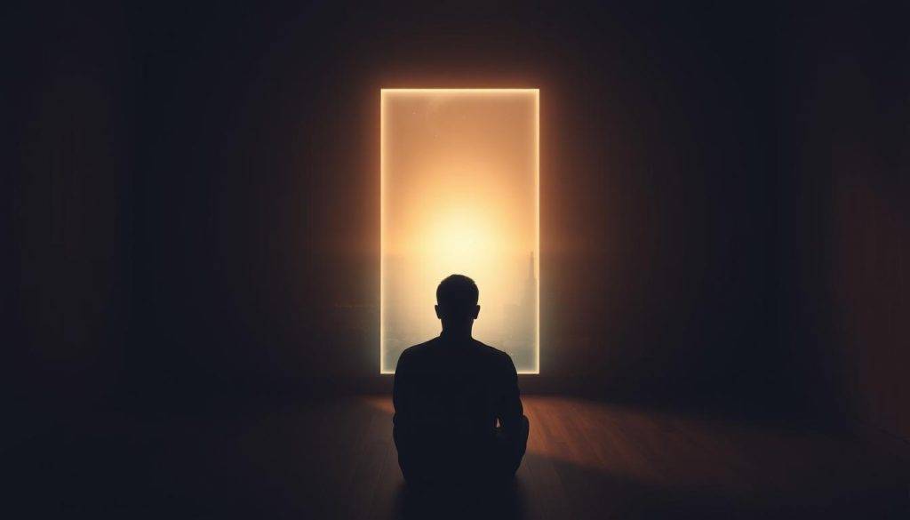A serene, dimly lit room with a contemplative figure seated in the foreground, their face obscured by a soft, glowing aura. The middle ground features a shimmering, translucent portal or gateway, hinting at a vista of the future. The background depicts a vast, dreamlike landscape, perhaps a futuristic city skyline or a celestial expanse, suggesting the boundless possibilities that lie ahead. Warm, muted tones create a sense of introspection and wonder, while the lighting casts a sense of intrigue and mystery upon the scene. The composition invites the viewer to ponder their own journey of self-discovery and the transformative potential of envisioning one's future self.