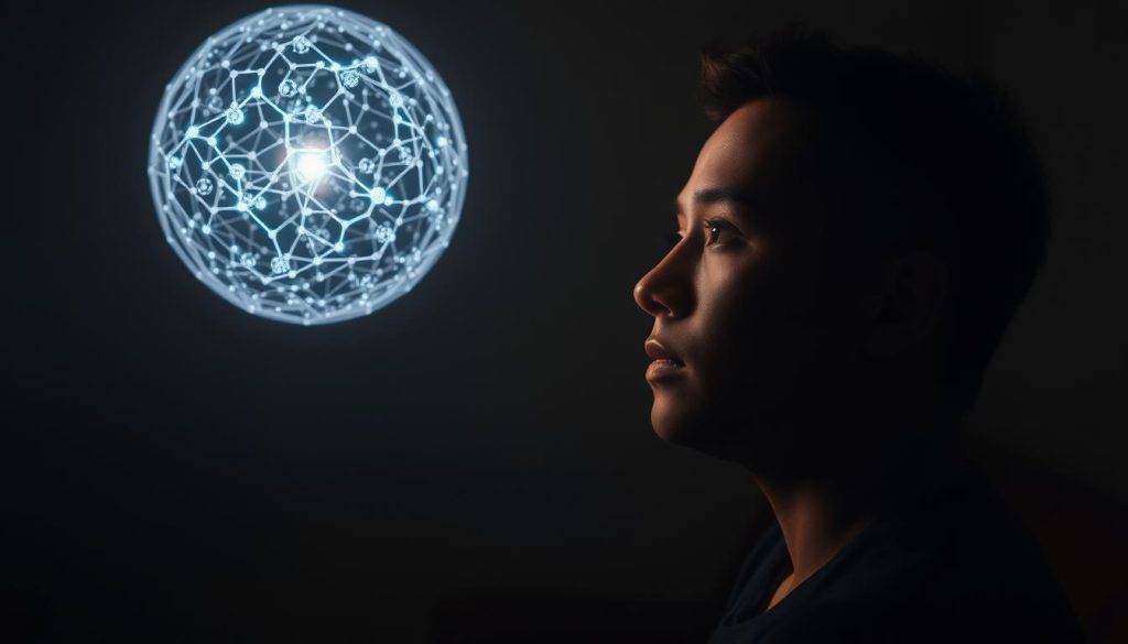 A serene, dimly lit room with a person deep in thought, their face illuminated by the soft glow of a floating AI sphere hovering before them. The AI sphere emanates ethereal light, casting a warm, introspective ambiance. The person's expression is one of contemplation, as if the AI is guiding their self-discovery journey. In the background, a hazy, dreamlike landscape suggests a transcendent, philosophical atmosphere. The scene is captured through a wide-angle lens, creating a sense of depth and intimacy. The overall mood is pensive, reflective, and gently transformative.