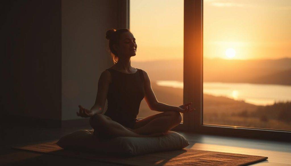 A serene, dimly lit room with a person sitting cross-legged on a cushion, eyes closed, hands resting on their lap in a meditative pose. Soft, warm lighting from the side illuminates their face, casting gentle shadows. In the background, a tranquil landscape with rolling hills and a calming body of water reflects the setting sun, creating a peaceful atmosphere. The image conveys a sense of focus, inner calm, and the integration of guided meditation techniques into everyday life.