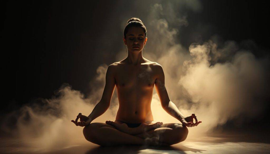 A serene, dimly lit scene of a person seated in a meditative pose, their body emanating a subtle, luminous energy. The figure is surrounded by wisps of ethereal mist, creating an atmosphere of tranquility and sacred connection. Soft, warm light filters through the mist, casting a gentle glow on the subject's face, highlighting their state of deep introspection. In the background, subtle abstract shapes and patterns suggest the presence of unseen cosmic forces, hinting at the interconnectedness of the physical and spiritual realms. The overall composition evokes a sense of reverence, inviting the viewer to feel the power and mystery of life force energy practices.