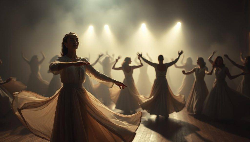 A serene, dimly lit space filled with the ethereal movement of Sufi dancers, their flowing garments and outstretched arms conveying a sense of deep spiritual transcendence. In the foreground, a solitary dancer whirls with eyes closed, their face a portrait of meditative focus. The middle ground features a circle of dancers, their bodies in graceful, synchronized motion, creating a hypnotic visual rhythm. The background is shrouded in a hazy, atmospheric light, evoking the mystical energy of the spiritual practice. The overall scene is imbued with a sense of timelessness, as if capturing a timeless ritual of the soul's journey towards enlightenment.