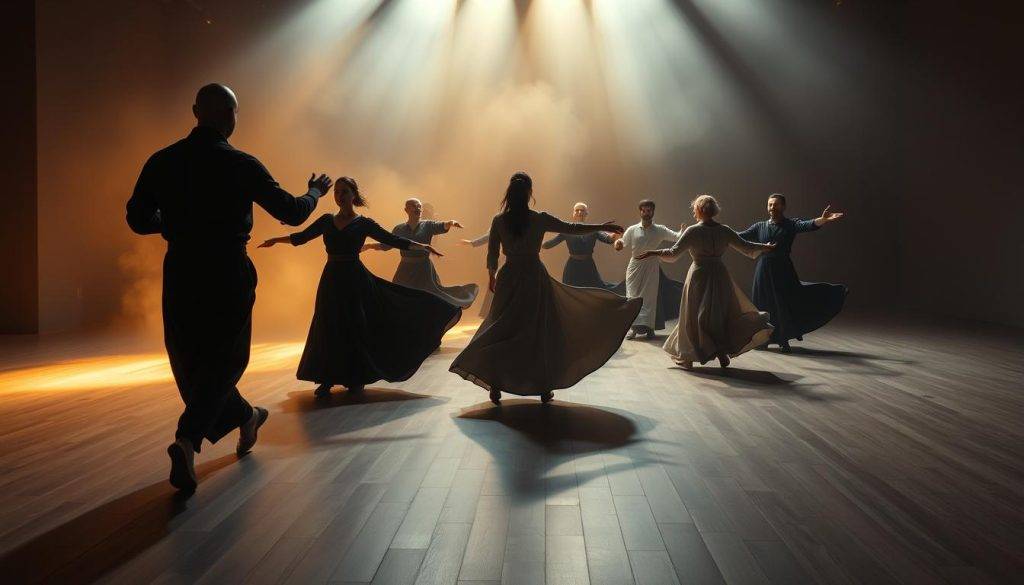 A serene, dimly lit studio filled with graceful Sufi practitioners moving in fluid, circular motions. The foreground features a beginner student carefully following the lead of an experienced instructor, their robes billowing as they glide across the floor. The middle ground showcases a group of adepts engaged in synchronized whirling, their movements precise yet flowing. The background is shrouded in a soft, atmospheric haze, drawing the eye inward to the meditative practice. Warm, golden lighting casts a reverent glow, while the camera angle captures the scene from a low, intimate perspective.