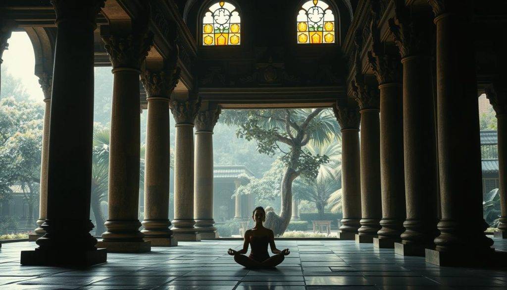 A serene, dimly lit temple interior with ancient stone columns and ornate carvings. Soft, diffused natural light filters through stained glass windows, casting a warm, ethereal glow. In the foreground, a single figure sits in meditative pose, eyes closed, radiating a sense of tranquility and inner peace. The background reveals a tranquil garden, with lush foliage and a gently flowing stream. The overall atmosphere evokes a timeless, contemplative spirit, capturing the essence of historical spirituality and well-being.