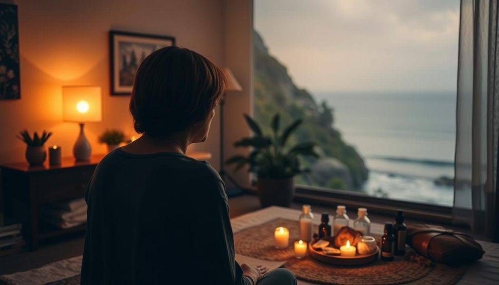 A serene, dimly lit therapy room with warm, soothing lighting. In the foreground, a client and therapist engaged in an EMDR session, the client's eyes focused intently as the therapist guides them through the process. In the middle ground, an array of customized tools and techniques, including crystals, essential oils, and calming music. The background features a tranquil, nature-inspired scene, such as a lush forest or calming ocean view, creating a sense of grounding and serenity. The overall atmosphere conveys a sense of personalized, integrative healing, where the therapist and client work in harmony to address the client's unique needs.