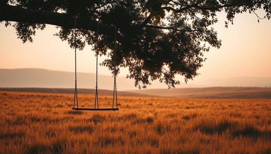 A serene, empty landscape bathed in warm, golden light. In the foreground, a solitary swing hangs from a weathered tree branch, gently swaying in the breeze. The middle ground reveals a vast, open field, its lush grasses undulating like waves. In the distance, a rolling hill fades into a hazy horizon, the sky a soft gradient of blues and pinks. The scene conveys a sense of melancholy, yet also a quiet contemplation - a reflection of the emotional state of an "empty nest." The lighting is soft and diffused, creating a dreamlike, introspective atmosphere. The composition draws the viewer's eye inward, inviting them to ponder the emotional journey of this transition. A serene, empty landscape bathed in warm, golden light. In the foreground, a solitary swing hangs from a weathered tree branch, gently swaying in the breeze. The middle ground reveals a vast, open field, its lush grasses undulating like waves. In the distance, a rolling hill fades into a hazy horizon, the sky a soft gradient of blues and pinks. The scene conveys a sense of melancholy, yet also a quiet contemplation - a reflection of the emotional state of an "empty nest." The lighting is soft and diffused, creating a dreamlike, introspective atmosphere. The composition draws the viewer's eye inward, inviting them to ponder the emotional journey of this transition.