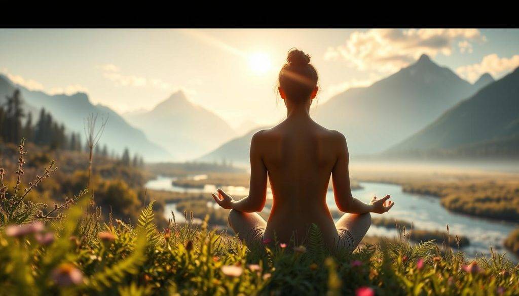 A serene, ethereal landscape unfolds, bathed in the soft, warm glow of natural light. In the foreground, a figure sits in a meditative pose, their hands resting gently on their lap, a sense of inner peace and balance emanating from their being. Surrounding them, delicate botanical elements, such as lush ferns and vibrant wildflowers, create a verdant, nurturing environment. In the middle ground, a tranquil stream meanders, its crystal-clear waters reflecting the sky above, symbolizing the flow of energy and the interconnectedness of all things. In the distance, towering mountains rise, their majestic peaks touched by the golden rays of the sun, evoking a sense of spiritual elevation and the vastness of the healing journey. The overall atmosphere is one of harmony, introspection, and the blending of the physical and the metaphysical realms.