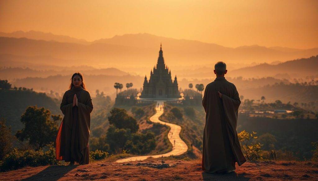 A serene, ethereal landscape unfolds, bathed in warm, diffused lighting. In the foreground, three spiritual leaders stand in a meditative pose, their faces illuminated with an inner radiance. Their robes flow gracefully, creating a sense of movement and tranquility. In the middle ground, a winding path leads the eye towards a majestic, ancient temple, its spires reaching towards the heavens. The background is a tapestry of rolling hills, dotted with lush, verdant foliage and a distant, hazy horizon. The overall atmosphere evokes a profound sense of contemplation, growth, and transformation.
