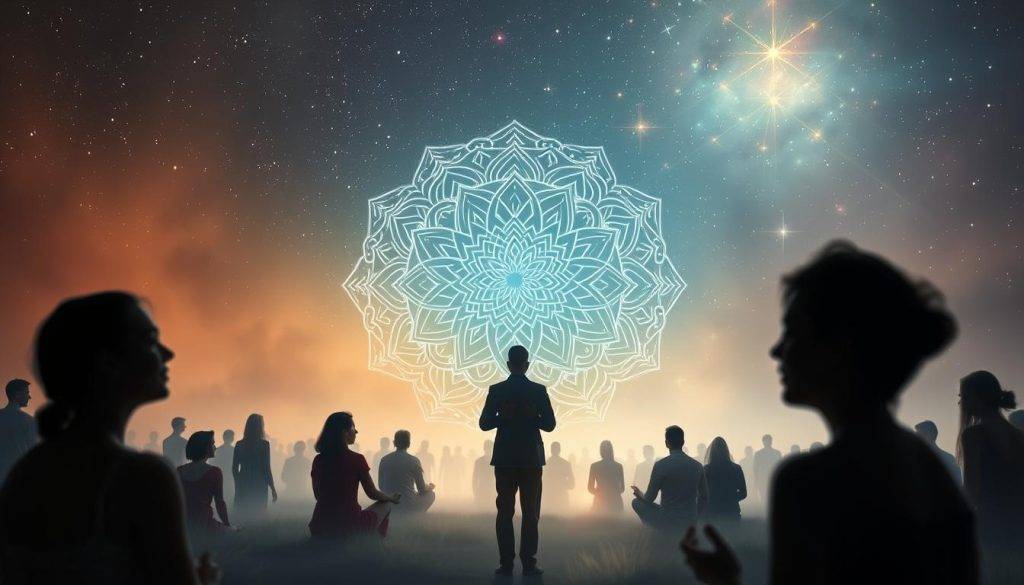 A serene, ethereal landscape where spiritual seekers gather in a vibrant online community. In the foreground, digital silhouettes of people connect, share insights, and find solace. The middle ground features a holographic mandala, its intricate patterns pulsing with energy. In the background, a nebulous, starry sky sets the stage, infusing the scene with a sense of cosmic wonder. Soft, diffused lighting casts a warm, contemplative glow, while the camera angle subtly pulls the viewer into this digital sanctuary of personal growth and collective enlightenment.