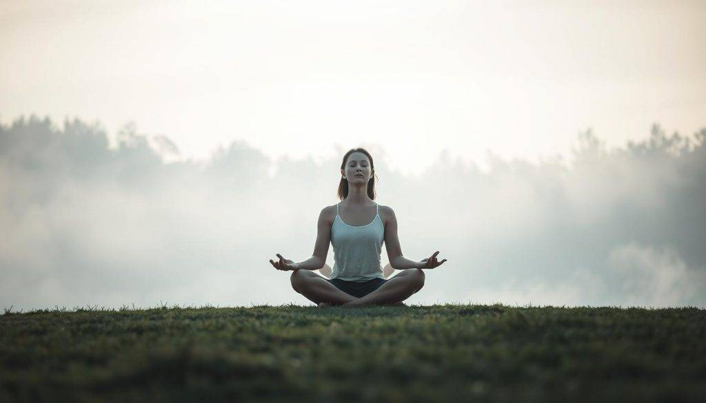A serene, ethereal landscape with a central figure sitting in a meditative pose, legs crossed, eyes closed, and hands resting gently in their lap. Soft, diffused lighting illuminates the scene, creating a sense of introspection and inner calm. In the background, a hazy, dreamlike forest stretches out, with wispy wisps of mist or energy swirling around the trees. The overall mood is one of contemplation, spiritual awareness, and the journey of navigating a personal crisis. The composition is balanced and harmonious, guiding the viewer's gaze towards the central figure and their introspective state.