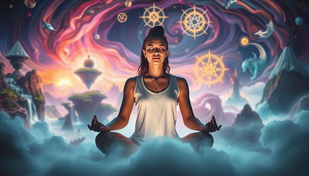 A serene, ethereal scene depicting the benefits of lucid dreaming. In the foreground, a person meditating in a lotus position, their face tranquil and focused. Behind them, a swirling, dreamlike landscape unfolds, with vibrant colors and surreal elements - floating islands, cascading waterfalls, and mystical creatures. The lighting is soft and diffused, creating a sense of calm and introspection. In the background, glowing sigils and symbols allude to the deeper, spiritual aspects of lucid dreaming. The overall atmosphere is one of inner exploration, self-discovery, and the boundless potential of the subconscious mind.