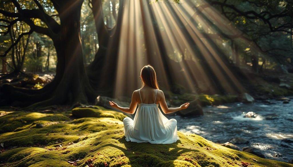 A serene figure in a flowing white dress, seated in a meditative lotus position on a lush, moss-covered forest floor. Rays of soft, diffused natural light filter through the canopy of ancient trees, casting a warm, contemplative glow. In the background, a tranquil stream gently flows, its soothing sounds blending with the whispers of the wind. The scene exudes a sense of inner calm and mindful connection with the natural world, inviting the viewer to join in the rejuvenating ritual of movement and meditation.