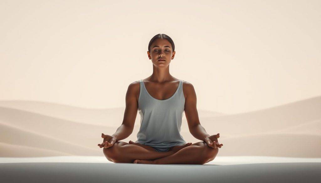 A serene figure sits in a state of tranquil meditation, their face radiating an expression of equanimity. Soft, diffused lighting bathes the scene, creating a calming, introspective atmosphere. The background is a minimalist, abstract landscape with muted hues and gentle curves, representing the balance and harmony of the mind. The overall composition conveys a sense of inner peace, stability, and a deep connection with the present moment.