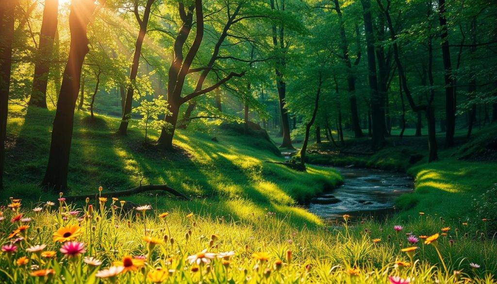 A serene forest glade, sunlight filtering through the verdant canopy, casting a warm, ethereal glow over a peaceful meadow. In the foreground, a lone figure sits cross-legged, hands resting gently on their lap, eyes closed in deep meditation, connected to the rhythm of nature. Surrounding them, vibrant wildflowers sway gently in a soft breeze, their petals reflecting the dappled light. In the distance, a tranquil stream winds its way through the landscape, its soothing sounds adding to the contemplative atmosphere. The overall scene conveys a profound sense of harmony, where the natural world and the spiritual journey intertwine, nourishing the mind, body, and soul.